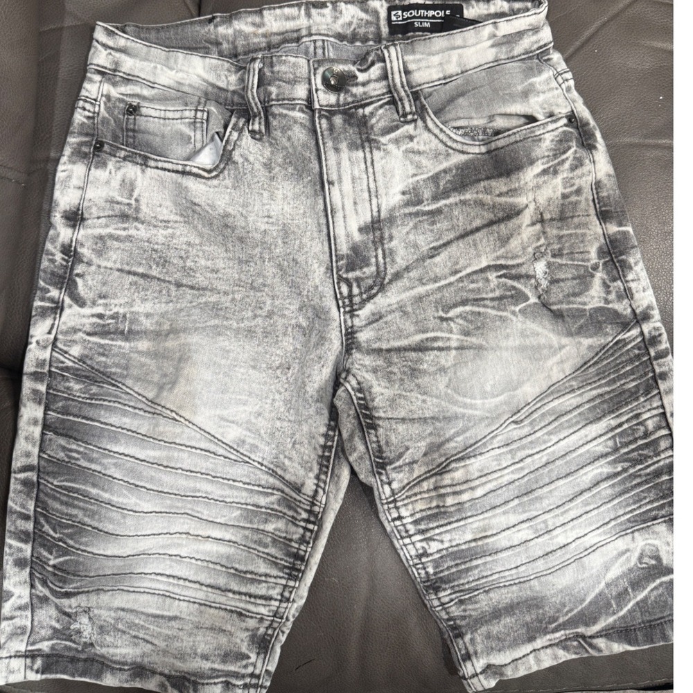 Southpole Mens Slim Fit Moto Denim Shorts Gray Acid Wash Biker Ribbed Size 29